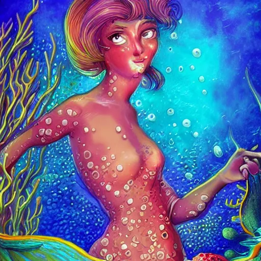 Image similar to coral underwater colorful, fantasy, intricate, highly detailed, little fish and sea life digital painting, hd, trending on artstation, illustration, fine lines, sharp edges, colourful, attractive woman, swimming,