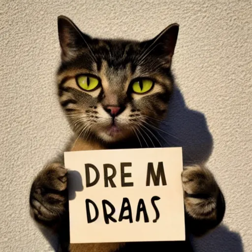 Prompt: realistic high quality photo of a cute cat holding a sign with text that reads : drem, drea, dream caaats, cas, cat, dream cas, dream cats