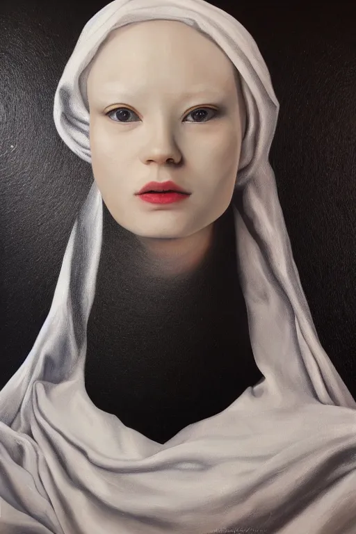 Image similar to hyperrealism oil painting, close - up portrait of albino medieval fashion model, black silk, steel gradient mixed with nebula sky, in style of baroque