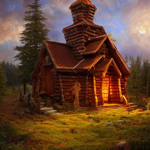 Image similar to small wooden stave church in pine forest, very detailed, focused, oil painting, colorful, cinematic lighting, canvas, artstation, Vsevolod Ivanov, Albert Bierstadt, Theodor Kittelsen