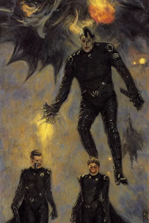 Image similar to evil star fleet officers dressed in all black. art by gaston bussiere.