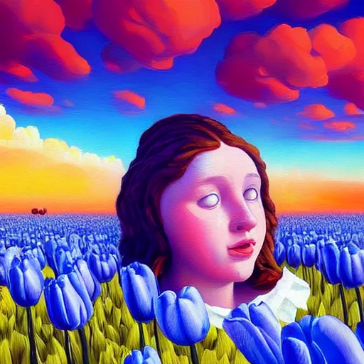 Image similar to giant tulip head dutch girl, surreal photography, flower field, sunset dramatic light, impressionist painting, colorful clouds, blue sky, digital painting, artstation, simon stalenhag