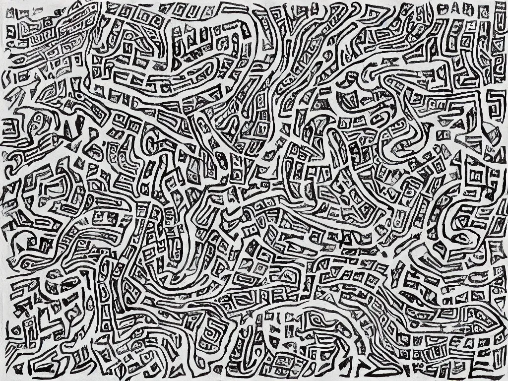 Image similar to Cave map full of old runic glyphs, Ink drawing, fine point pen, Deven Rue