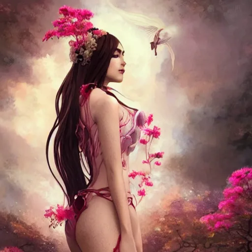 Image similar to sasha grey expressive full body photo, of beautiful angel, smooth glowing skin, ornate headpiece made from pink flowers, glamour shot, by yoshitaka amano, by greg rutkowski, by jeremyg lipkinng, by artgerm, digital art, octane render