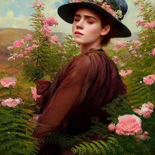 Image similar to blindfolded very thick paint brush strokes paint texture full body fashion model emma watson by Jeremy Lipking by Hasui Kawase by Richard Schmid (((smokey eyes makeup eye shadow fantasy, glow, shimmer as victorian woman in a long white frilly lace dress and a large white hat having tea in a sunroom filled with flowers, roses and lush fern flowers ,intricate, night, highly detailed, dramatic lighting))) , high quality