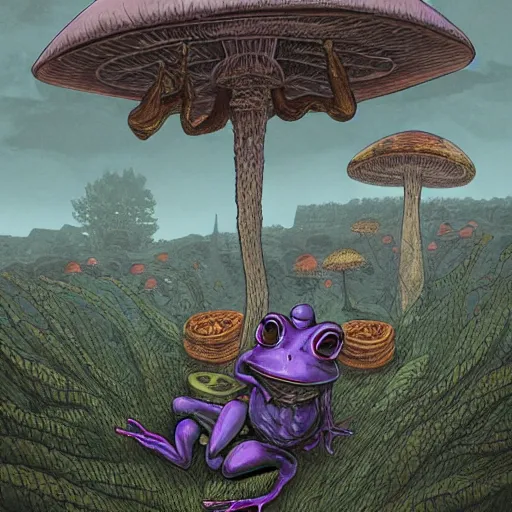 Image similar to A centered chest up portrait of a psychedelic demonic anthropomorphic frog smoking a hand-rolled cigarette smoking heavily , magic mushroom village in background . award winning. superb resolution. in the art style of junji Ito and greg rutkowski . Detailed Mushroom city in background. Hyper realistic anime. Perfect art. Dalle2