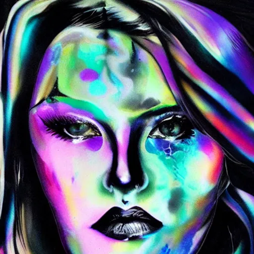 Image similar to liquid marble acrylic fluid paint, black ink, iridescent colours, beautiful female face