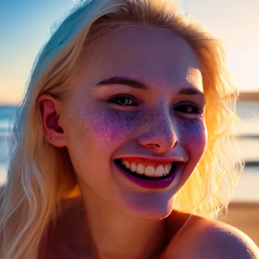 Image similar to beautiful hyperrealism hyperdetailed photograph of a cute thin young woman in love with you, smiling adoringly at the camera, platinum blonde hair, flushed face, blushing, big puffy lips, heart - shaped face, light freckles on cheeks and nose, 8 k, sharp focus, golden hour, beach setting