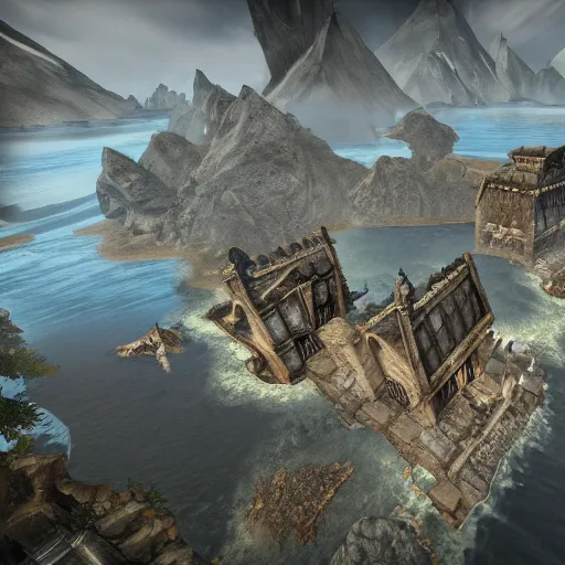 Image similar to dragonsreach from skyrim, in game screenshot, aerial shot