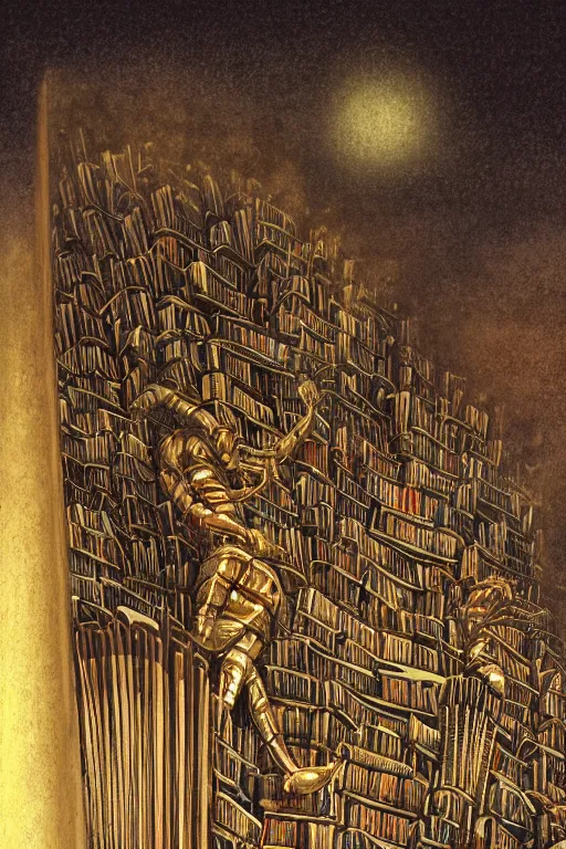 Prompt: illustration of close low angle view of an pipe organ made of books with gold spidery embellishments, night, smoke, ground fog, by vincent di fate, large depth of field, super detailed, digital art, trending on artstation, ornate