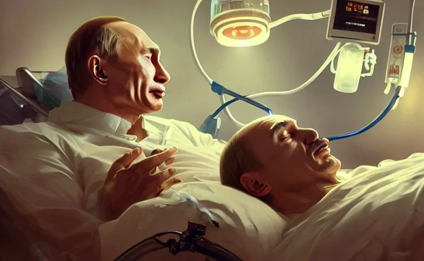 Image similar to Putin suffocates with oxygen mask on a hospital bed, intricate, portrait, highly detailed, digital painting, artstation, concept art, smooth, sharp focus, illustration, cinematic lighting, art by artgerm and greg rutkowski and alphonse mucha