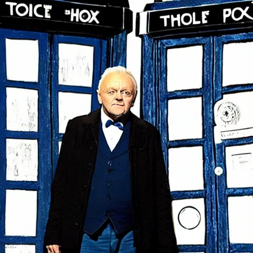 Prompt: anthony hopkins as doctor who in front of tardis, directed by christopher nolan, 2 0 0 9