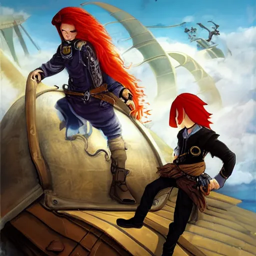 Image similar to A sky-pirate with long red hair meeting a young boy thief with blonde hair on an airship, epic fantasy art style