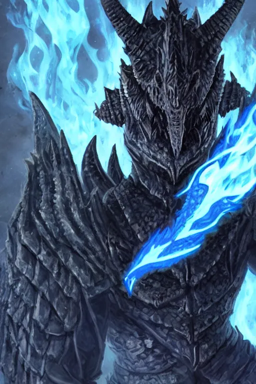 Image similar to a dark blue dragonborn with large tusks, half of his face flaming with blue flame, he wears a black dragon scales armor, art