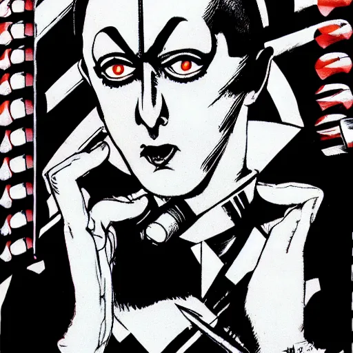 Image similar to a high quality product photo ad of klaus nomi with a technical reed rollerball pen exacto knife by junji ito, ethereal eel in the style of bauhaus