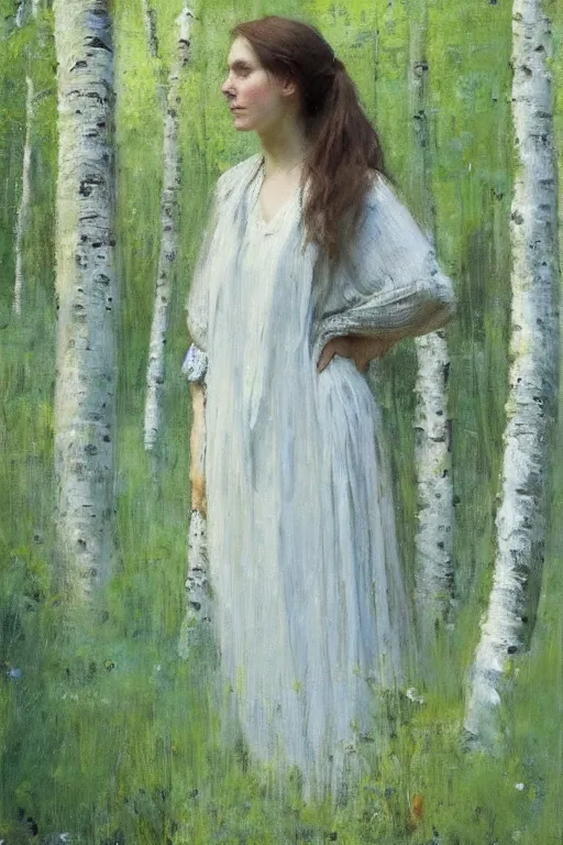 Prompt: “ italian woman, summer dress, standing between birch trees in a dense forest, jeremy lipking, joseph todorovitch ”