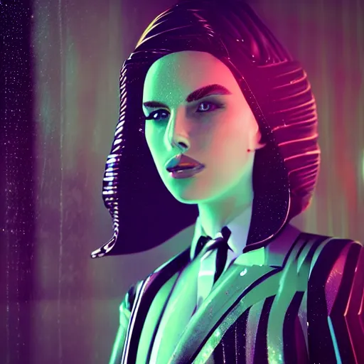 Prompt: stylish woman cartoon portrait made out of rain, pinstripe suit, wearing a shiny metal crown, cyberpunk background, rendered in octane, unreal engine, highly detailed, trending on artstation, realistic, neon, beautiful