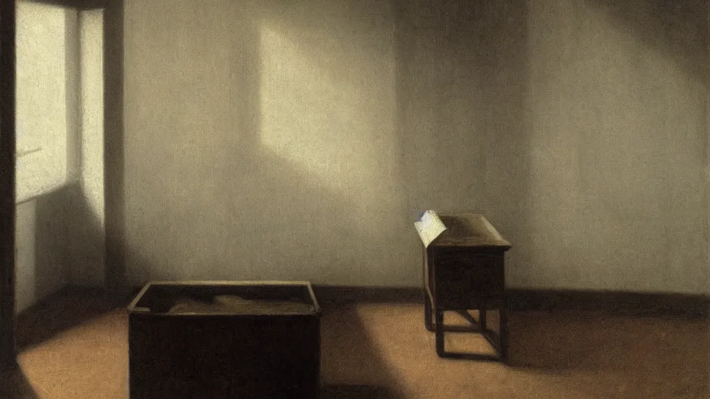 Image similar to in a very old house, an opened drawer in a chest, full of memories and little things, painted by vilhelm hammershoi, interior design, rays of light, melancholy