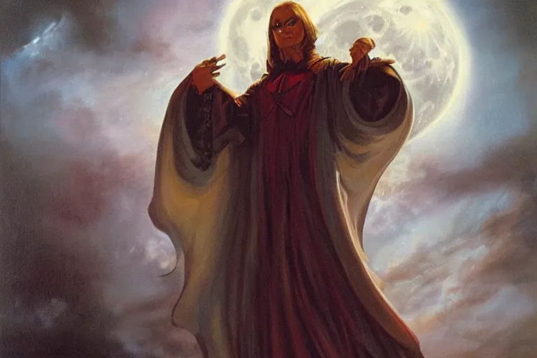 Prompt: vampire spellcaster sealer of the roll, art by boris vallejo, trending on artstation, moon light product view in the silver hour, realism, framed by gather, magic realism, realism