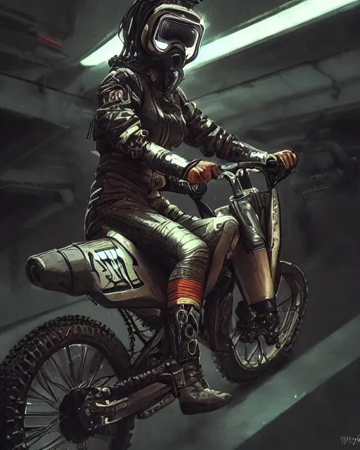 Prompt: girl wearing cyberpunk intricate streetwear riding dirt bike, respirator, detailed portrait, cell shaded, 4 k, concept art, by wlop, ilya kuvshinov, artgerm, krenz cushart, greg rutkowski, pixiv. cinematic dramatic atmosphere, sharp focus, volumetric lighting, cinematic lighting, studio quality