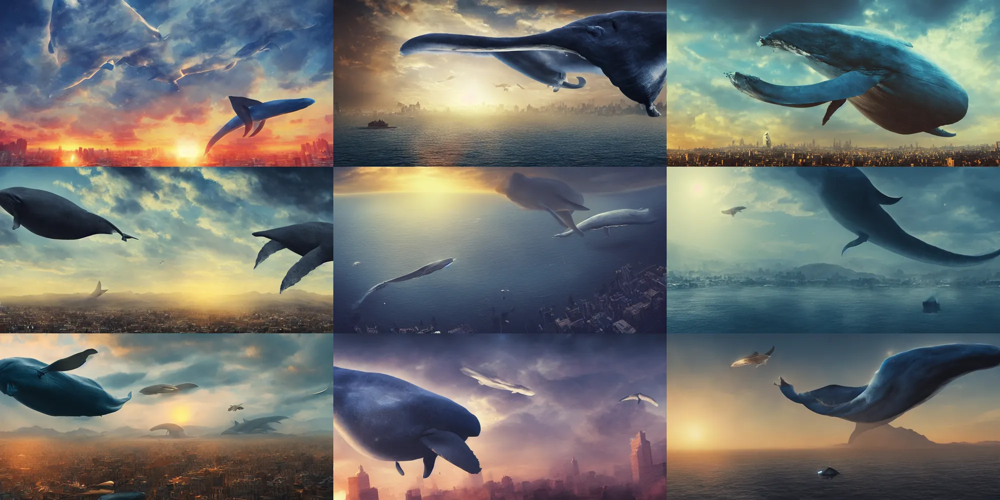 Image similar to a huge blue whale is flying above a city, epic, surreal, cinematic shot, golden hour, artstation, deviantart, dreamy atmosphere, high definition