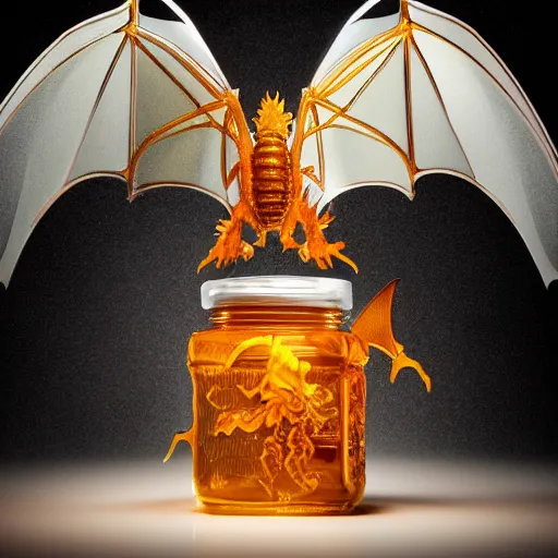 Image similar to a dragon made of honey, sitting on a sorcerer’s desk. the dragon is transparent. you can see light shining through the wings. honey is dripping everywhere. rim light, studio lighting, 8k