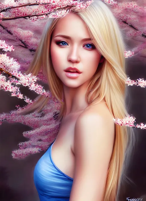 Image similar to photo of a gorgeous blonde female in the style of stefan kostic, realistic, half body shot, sharp focus, 8 k high definition, insanely detailed, intricate, elegant, art by stanley lau and artgerm, extreme blur cherry blossoms background