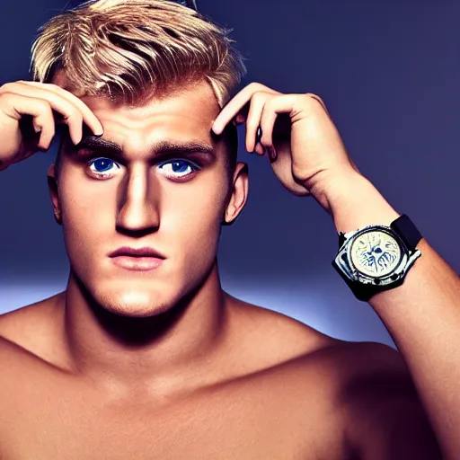 Prompt: a realistic detailed photo of boxer & youtuber jake paul, hypnotized by a watch, blank stare, shiny skin