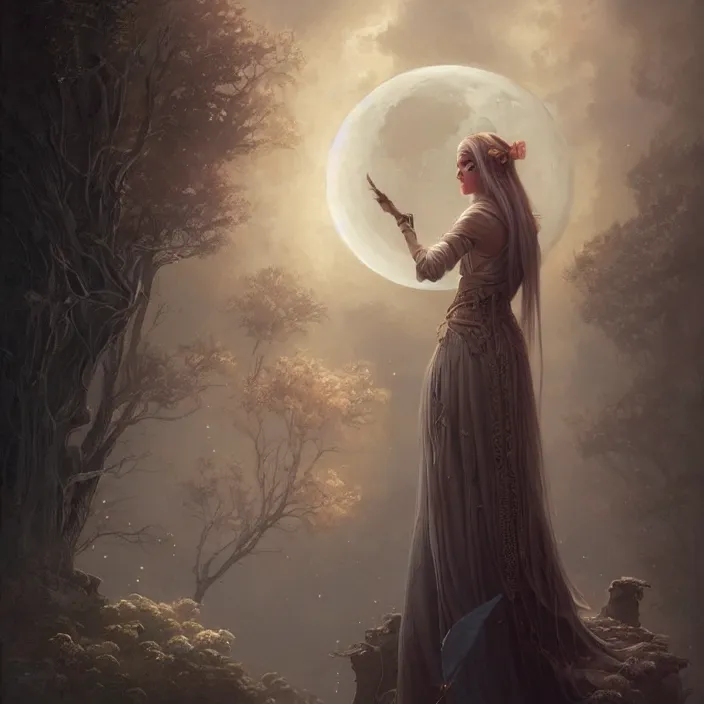 Image similar to ! dream a beautiful digital painting of a princess, princess, the moon behind her, intricate, cinematic lighting, highly detailed, digital painting, concept art, smooth, sharp focus, illustration, art by tom bagshaw, artgerm and greg rutkowski