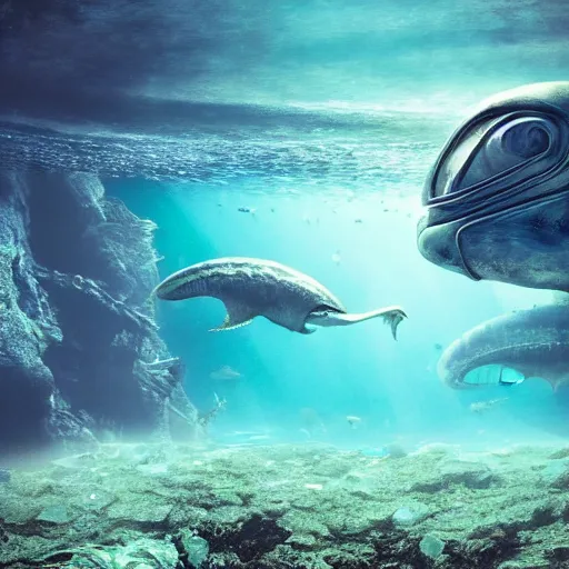 Image similar to vanishing perspective underwater view of the alien landscape underwater on the ocean bed, deep blue ocean color, some plant life, alien fish swimming on the background, cinematic perspective, cinematic lighting, matte painting, detailed, sci - fi, hdr, 4 k, artstation