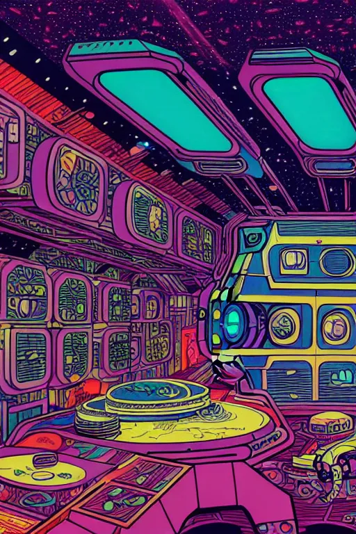 Prompt: a comic panel drawing of a room with a bed in an 8 0 s art deco international space station, robots, led screens, droids, a detailed painting by lisa frank, james jean, kilian eng, moebius, featured on deviantart, psychedelic art, psychedelic, dmt
