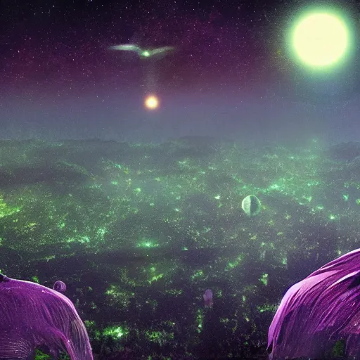 Prompt: twin stars above an alien jungle landscape