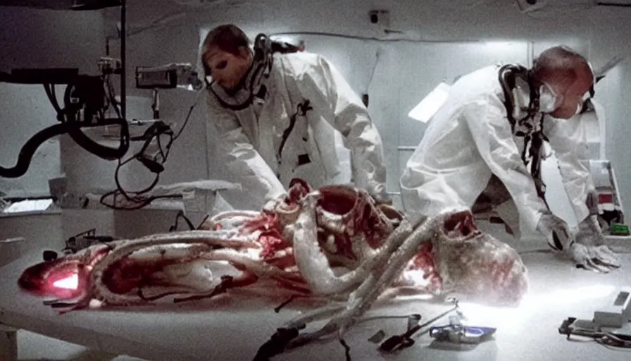 Image similar to Big budget horror movie about a cyborg doing an autopsy on a giant squid's heart