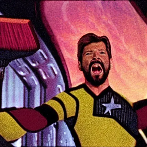 Image similar to Star Trek's Commander Riker screaming in agony while caught in a psychedelic mushroom trip