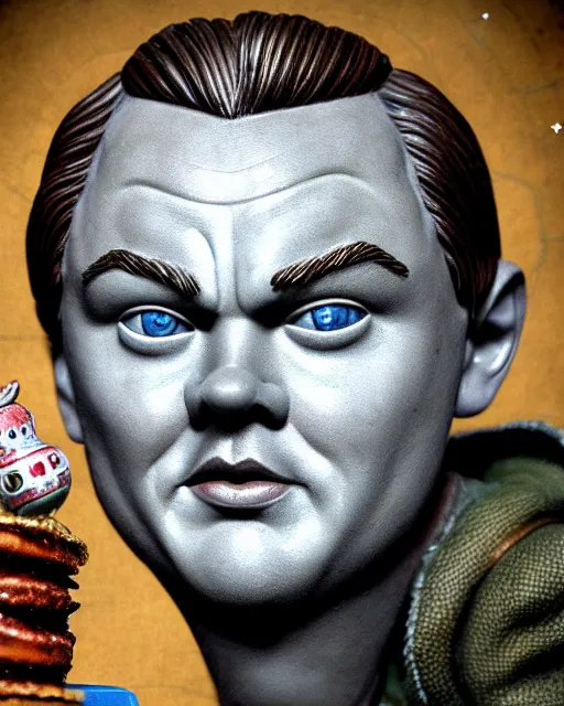 Image similar to highly detailed closeup, face profile portrait of a tin toy leonardo dicaprio as a medieval goblin eating cakes in a castle, hyper realistic, artstation, illustration, nicoletta ceccoli, mark ryden, lostfish, dan decarlo, bob clampett, max fleischer, digital paint, matte paint, vivid colors, detailed and intricate environment