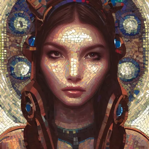 Prompt: mosaic portrait of a beautiful young girl with robot ears falling into the stars by Ross Tran, 4k, intricate details