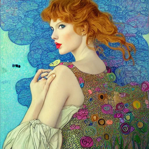 Image similar to romantic painted portrait of taylor swift by james jean!!!, mucha, klimt