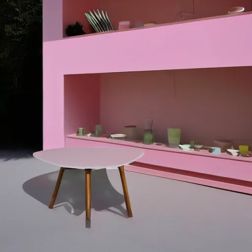 Prompt: An ultra high definition, professional photograph of an outdoor partial IKEA showroom inspired sculpture located on a pastel pink beach ((with pastel pink, dimpled sand where every item is pastel pink. )) The sun can be seen rising through a window in the showroom. The showroom unit is outdoors and the floor is made of dimpled sand. The showroom unit takes up 20% of the frame. Morning time indirect lighting with on location production lighting on the showroom. In the style of wallpaper magazine, Wes Anderson.