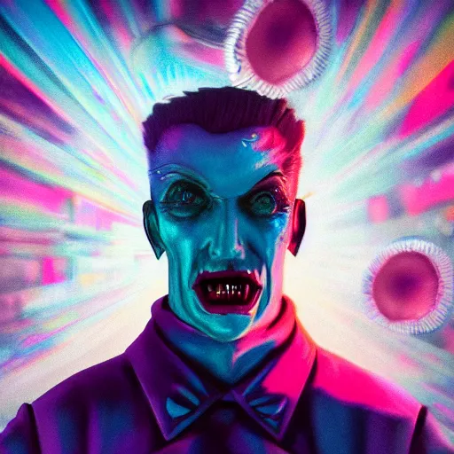 Prompt: Hyperdetailed psychedelic horror fantasy portrait of a vampire by Beeple, hip hop album cover, other dimensions, dmt, acid trip