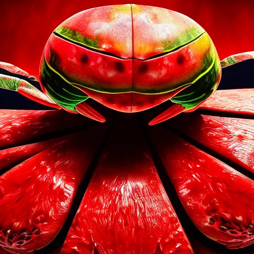 Prompt: photorealistic watermelon crab. hyperdetailed photorealism, 1 0 8 megapixels, amazing depth, glowing rich colors, powerful imagery, psychedelic overtones, 3 d finalrender, 3 d shading, cinematic lighting, artstation concept art