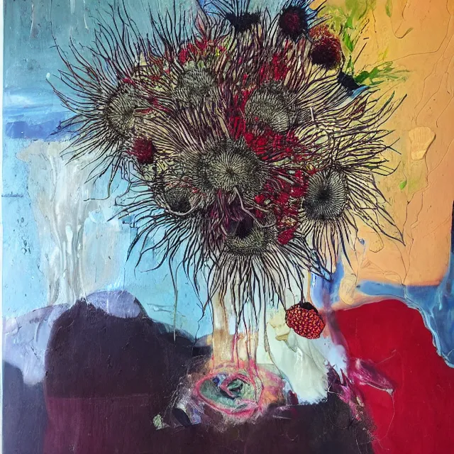 Image similar to “ a portrait in a female art student ’ s apartment, australian wildflowers, sensual, queer woman, flax, flannel flower, bottlebrush, eucalyptus, art supplies, a candle dripping white wax, clay, squashed berries, berry juice drips, acrylic and spray paint and oilstick on canvas, surrealism, neoexpressionism ”