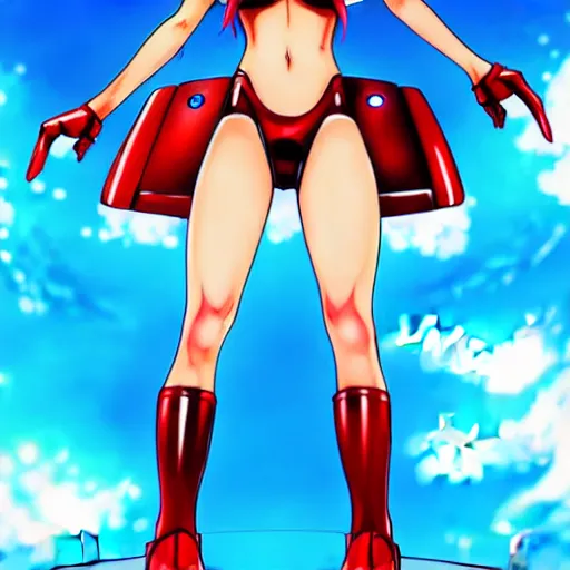 Prompt: digital anime art, very small cute girl standing on a large table, red mech arms and red mech legs,