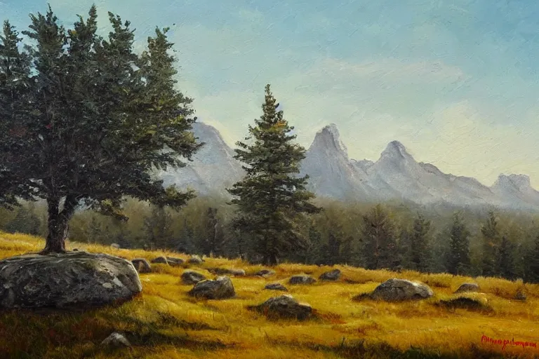 Image similar to runestone, monument, megalithic, nature, trees, mountains, oil painting