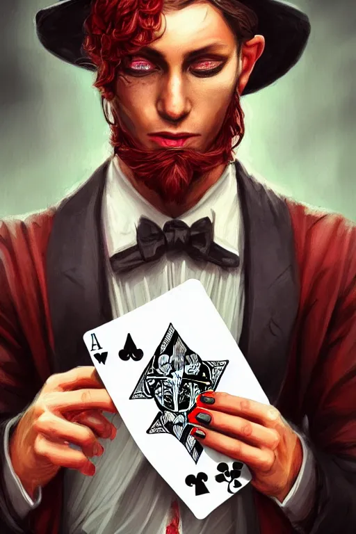 Image similar to modern street magician holding a playing card, realistic, modern, magicians eyes are covered with hankerchief, intricate, elegant, highly detailed, digital painting, artstation, concept art, addiction, smooth, sharp focus, illustration, art by ilja repin