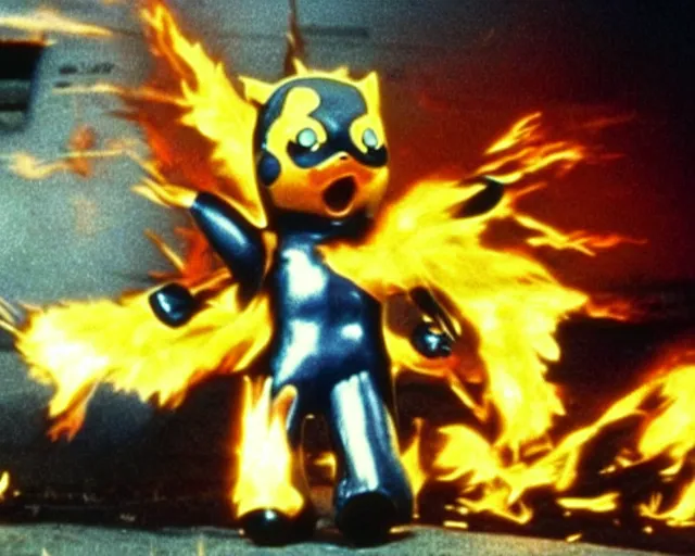 Image similar to Terminator pikachu on fire, scene from the 1980s film, still form the fiml