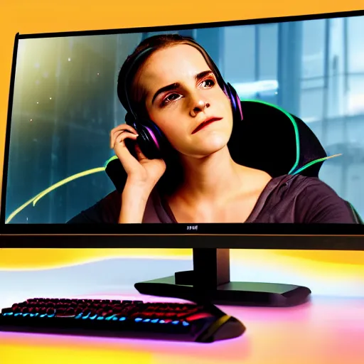 Image similar to emma watson rgb keyboard wearing a gaming headset wearing hoodie sitting on gaming chair dramatic lighting from monitor light from gaming monitor in gaming room holding gaming controller