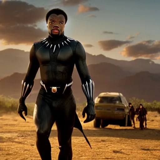 Prompt: a still of Quentin Tarantino starring as the black panther