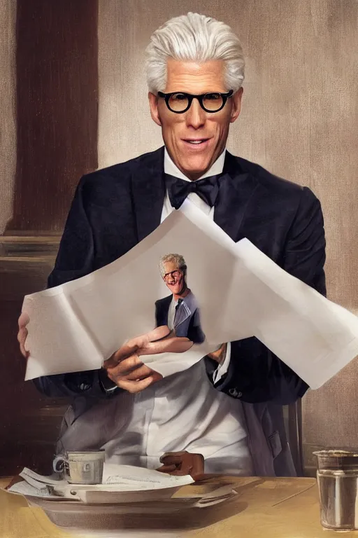 Image similar to a painting of ted danson in the good place, art by robin eley