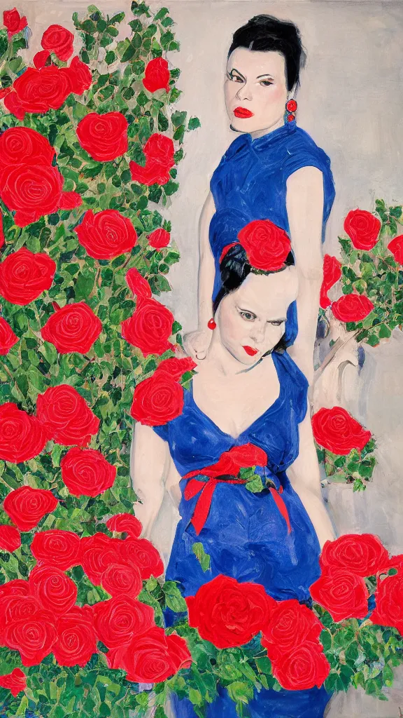 Prompt: portrait of rebekah delrio in lynch pattern dress beside of a big persian detailed pot of red roses, blue and red lights, mulholland drive, painted by egon sheile