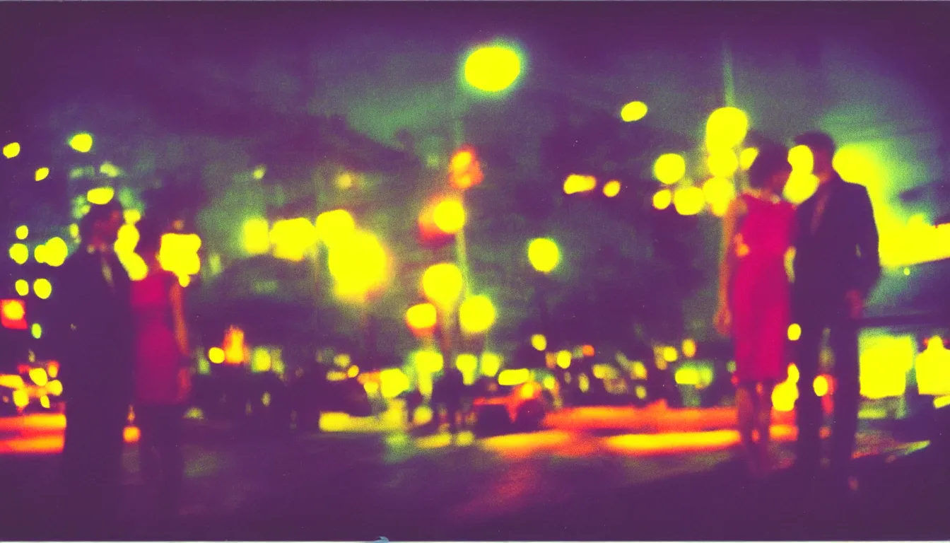 Image similar to colorful instant photograph of a beautiful couple in a city at night, polaroid, light leak, raw, nostalgic